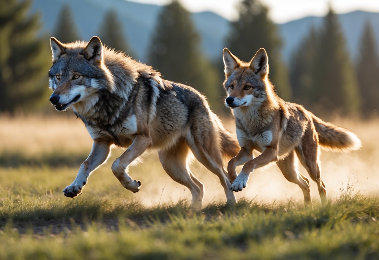 A wolf and a coyote running side by side across a grassy plain with trees and mountains in the background.