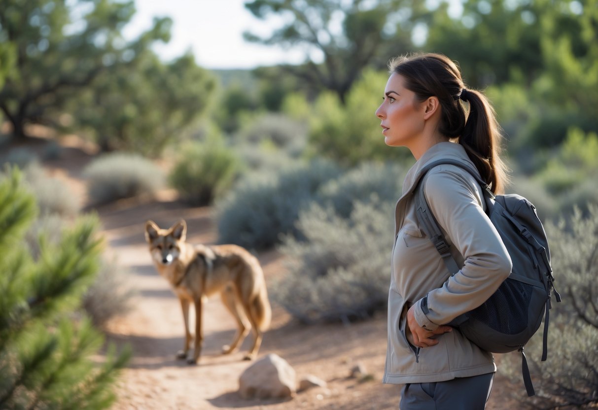 A person outdoors looking back cautiously while a coyote watches from a distance behind bushes.
