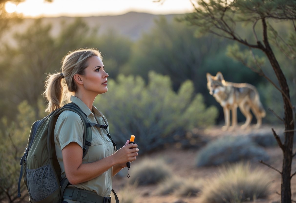 A person outdoors looking alert while a coyote is visible in the distance among trees.
