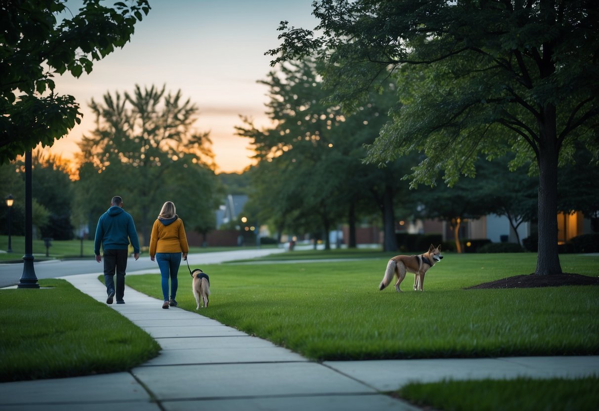 A family walking their dog in a suburban park at dusk with a coyote visible near the edge of the trees in the background.