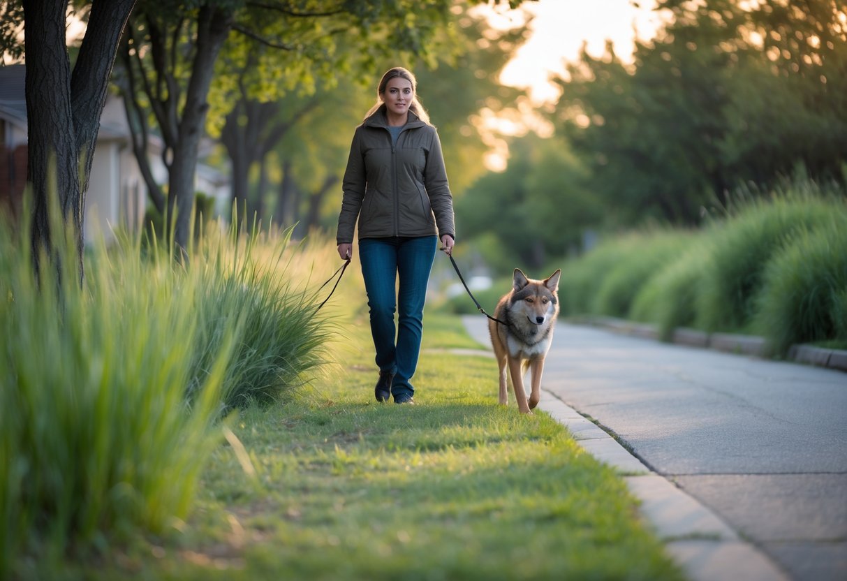 A woman walking her dog on a suburban sidewalk with a coyote watching from behind bushes nearby.
