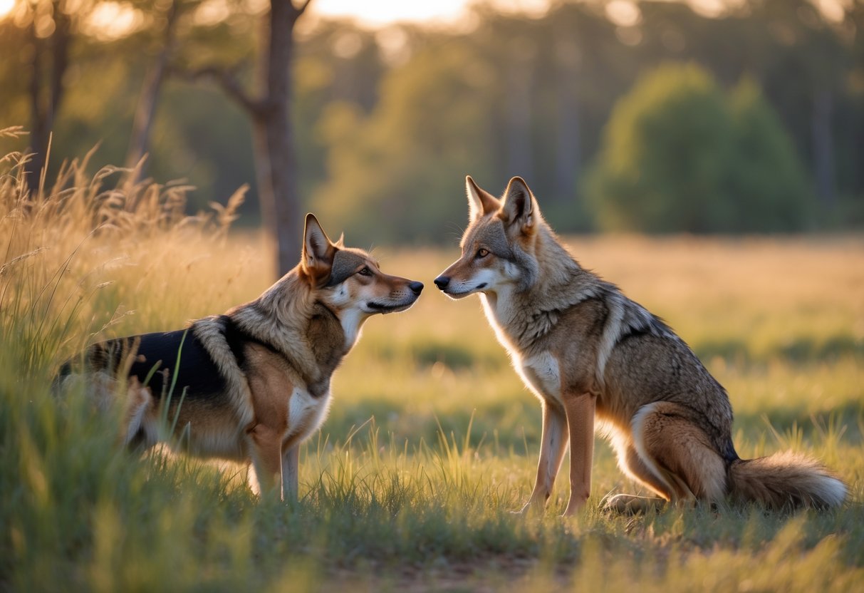 A dog and a coyote calmly facing each other in a natural outdoor setting with grass and trees.
