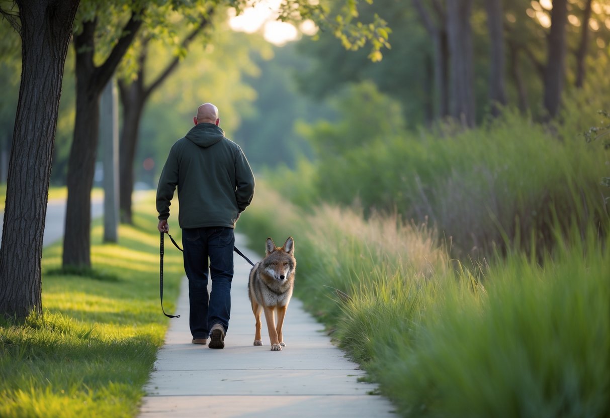 A person walking a dog on a sidewalk near a forested area with a coyote partially hidden in the bushes nearby.