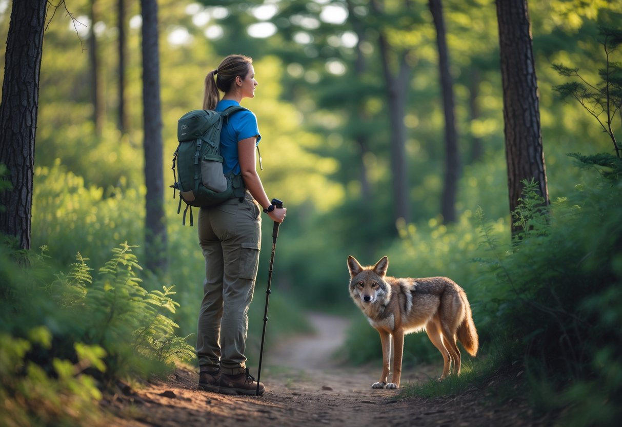 A person stands on a forest trail looking alert while a coyote watches from behind bushes nearby.