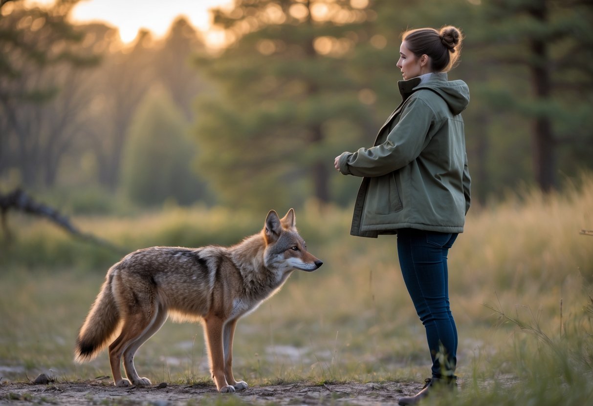 A person calmly facing a coyote in a forested area, raising their arms to appear larger while the coyote hesitates at a distance.