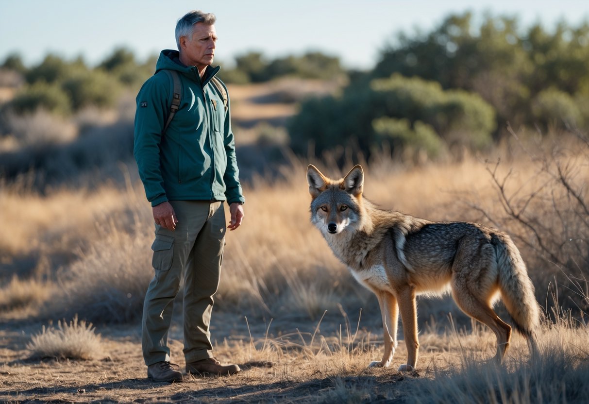 A person standing calmly outdoors while a coyote observes nearby in a natural setting.