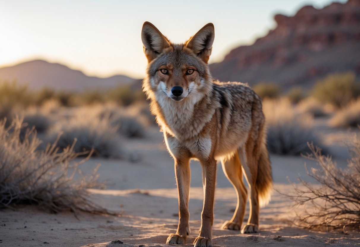 A coyote standing in a desert landscape, staring directly ahead with alert eyes.