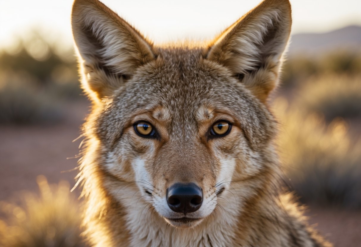 Close-up of a wild coyote looking directly ahead with an intense gaze in a desert setting.