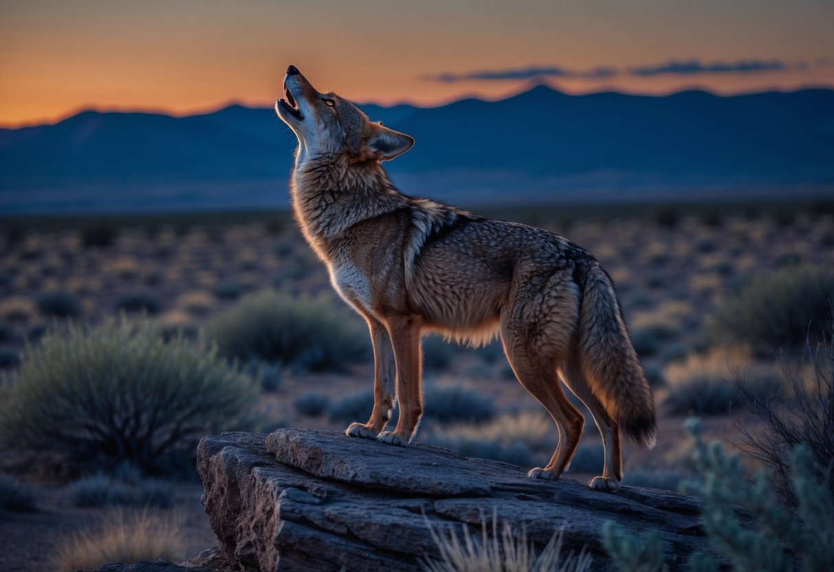 A coyote standing on a rocky hill at dusk, howling with mountains and desert plants in the background.