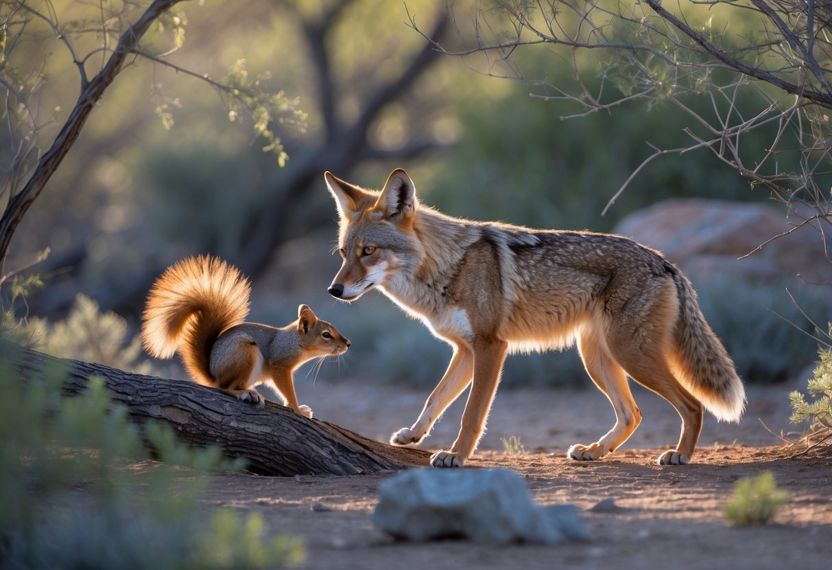 A coyote closely observing a squirrel in a forest setting during the day.