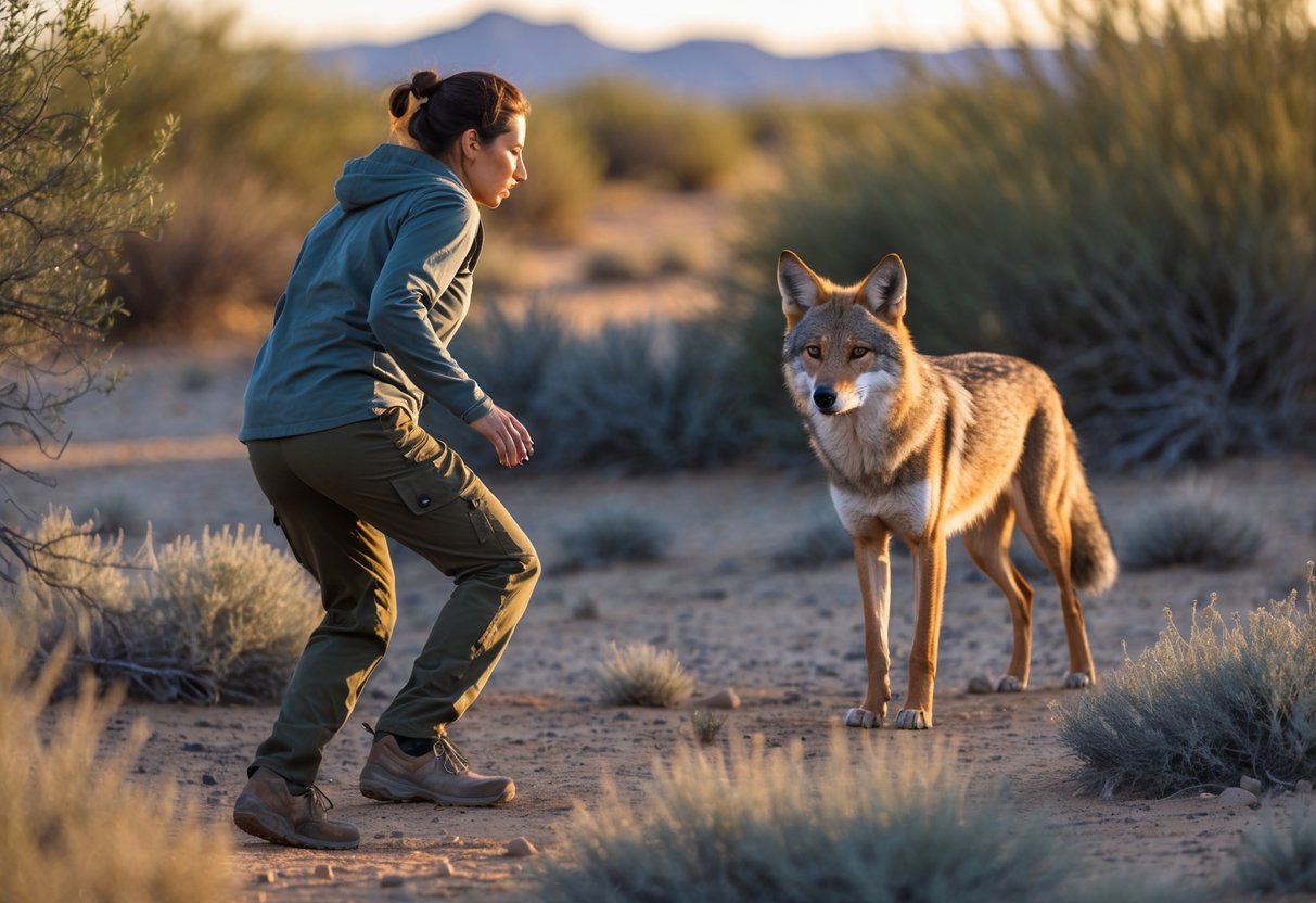 A person cautiously backing away from a coyote in a dry outdoor environment.