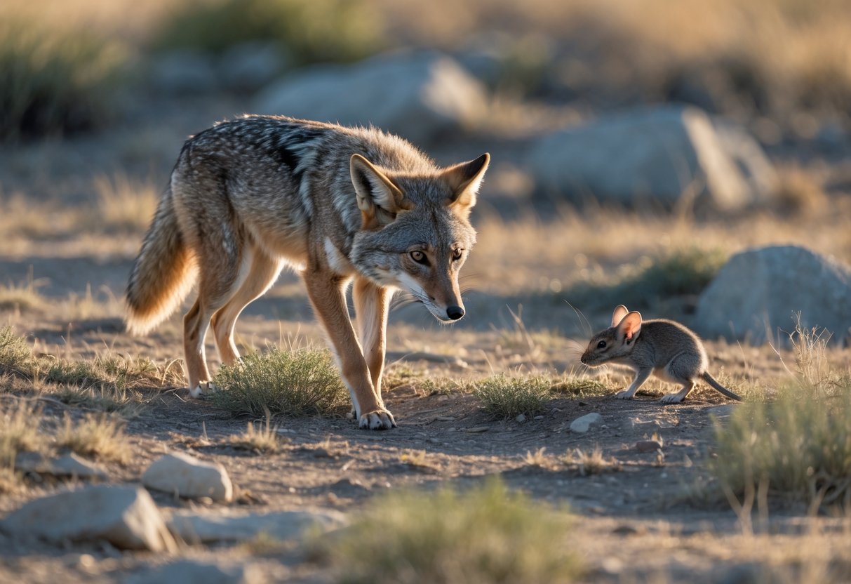 A coyote watching a mouse in a dry grassy area with rocks and sparse vegetation.