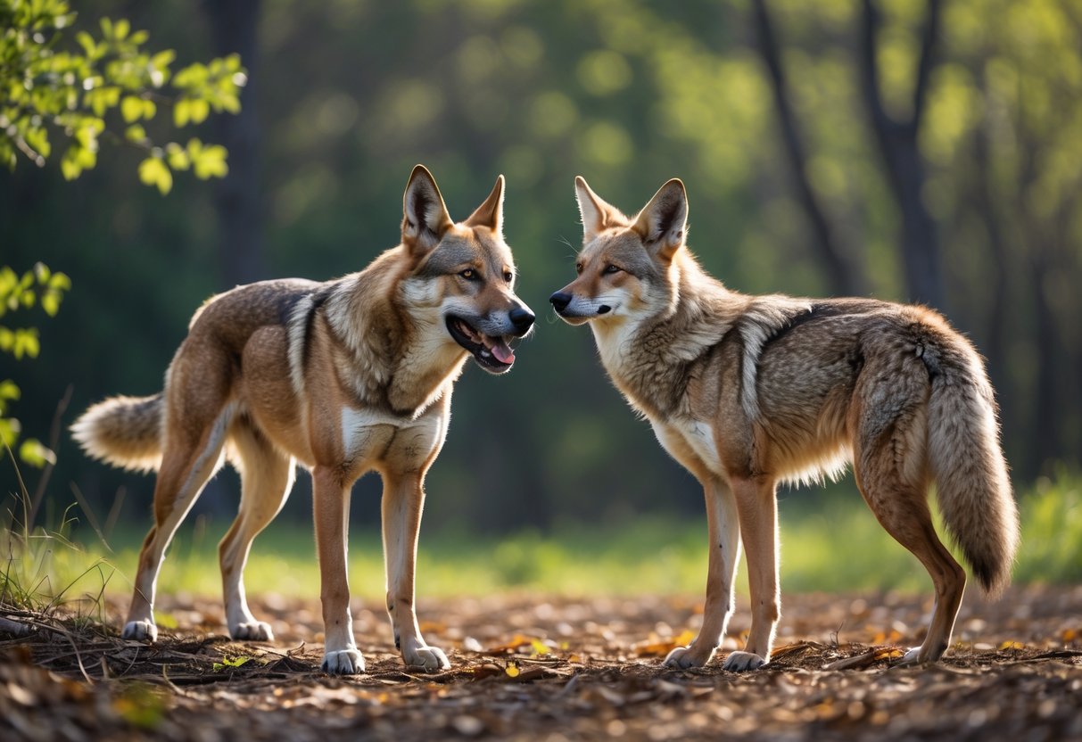 A dog and a coyote face each other in a forest clearing, appearing tense and alert.