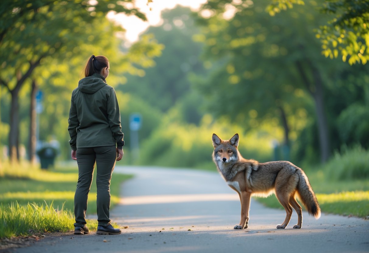 A person standing calmly in a park looking at a nearby coyote in a peaceful natural setting.