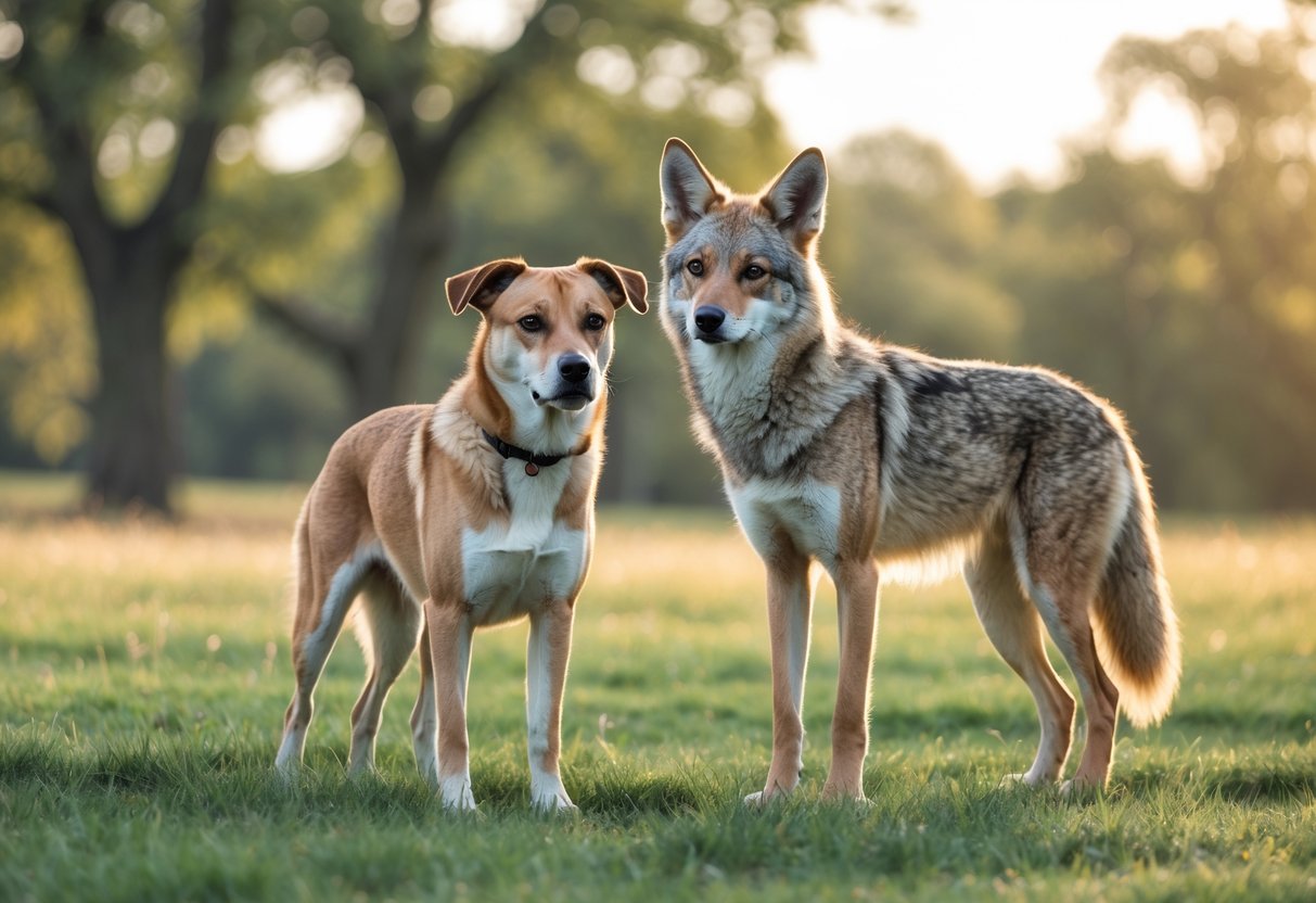 A dog and a coyote standing close together in a grassy field with trees in the background.