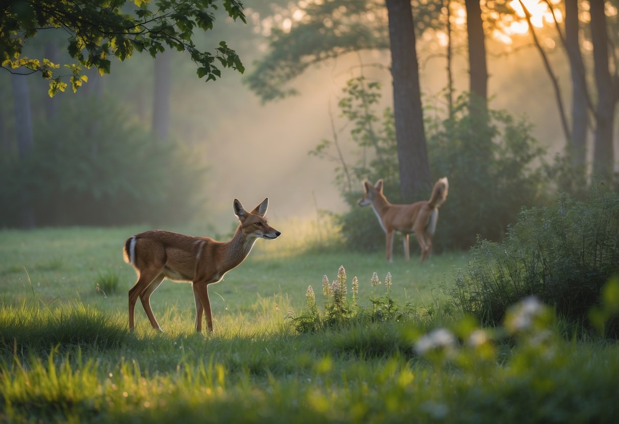 A deer grazing in a forest clearing with a coyote watching from behind trees in the background.