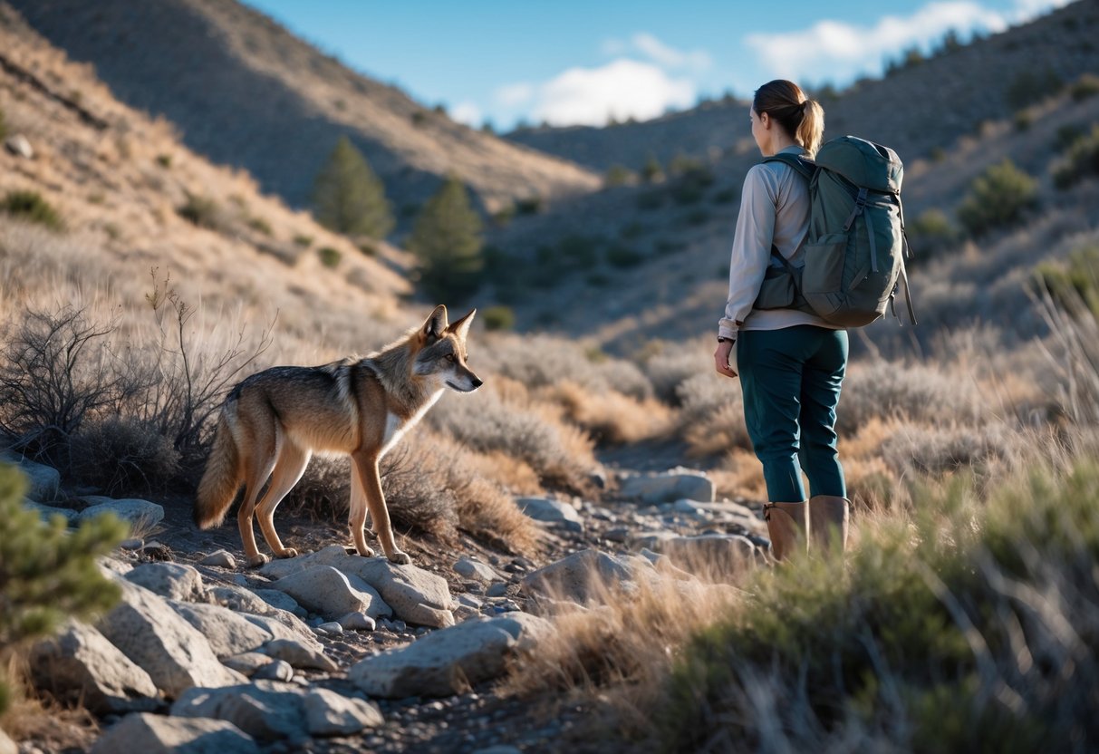 A person standing on a rocky trail looking at a coyote walking through dry grass in a natural wilderness setting.