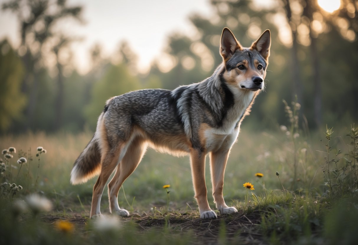 A medium-sized wild canine with mixed dog and coyote features standing alert on grass near trees and shrubs in a natural outdoor setting.