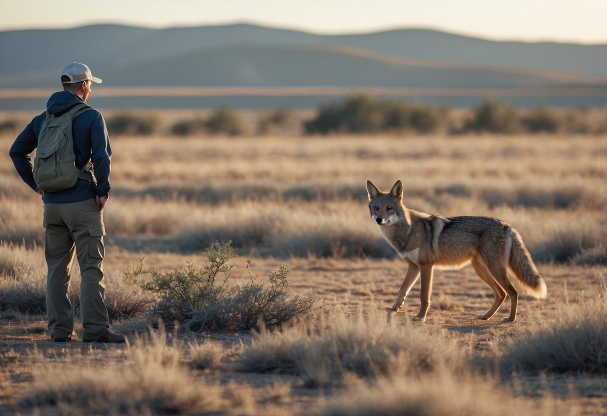 A person in hiking clothes watching a cautious coyote from a safe distance in an open field with hills in the background.