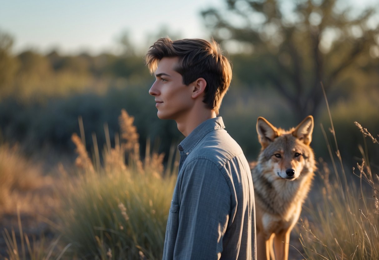 A person standing outdoors looking thoughtfully into the distance with a coyote partially visible in the background among tall grasses.