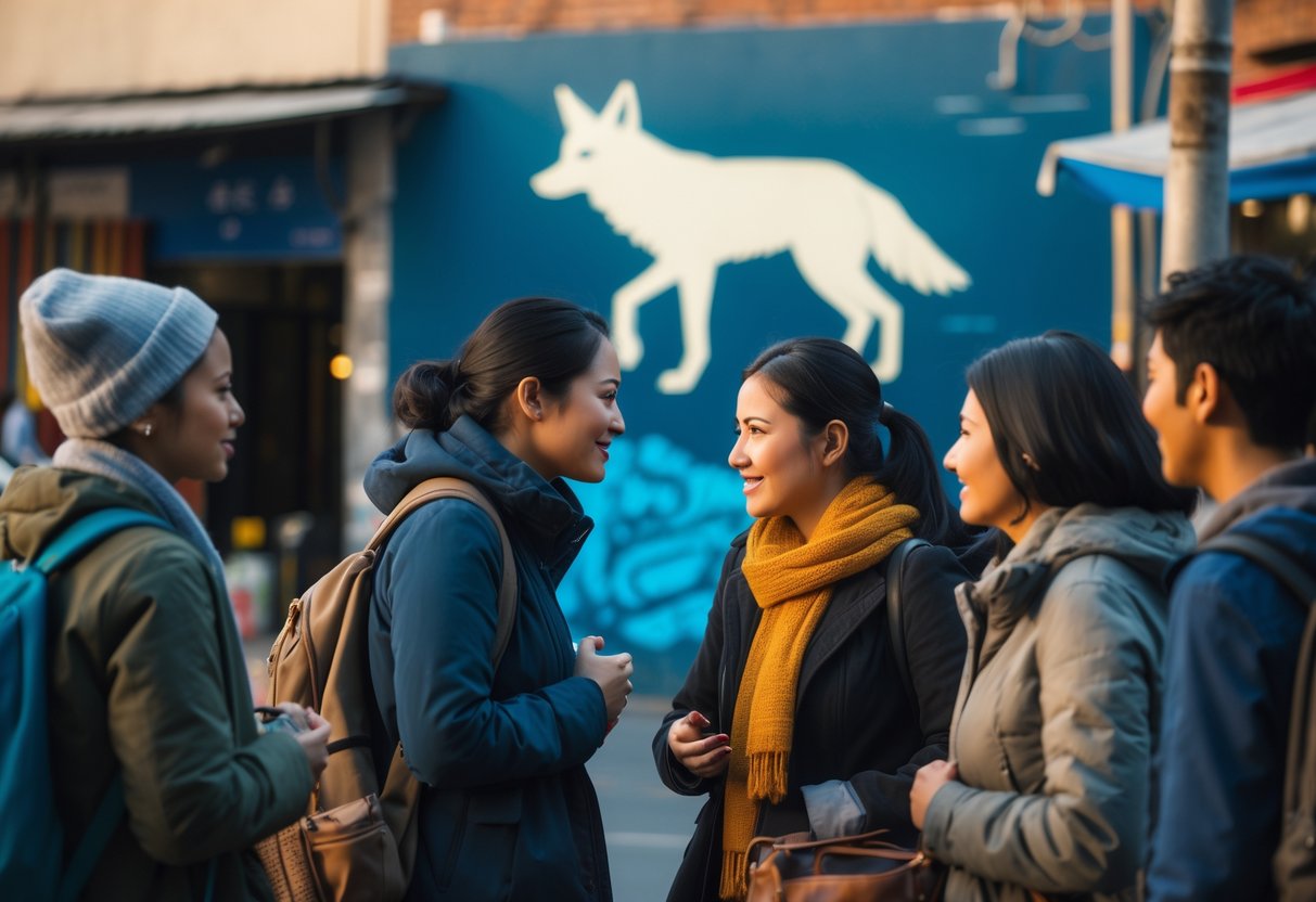 A diverse group of people talking in an urban setting with a subtle image of a coyote integrated into the background.