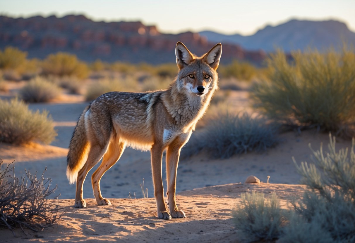 A coyote standing alert in a desert landscape with dry shrubs and rocky hills in the background.