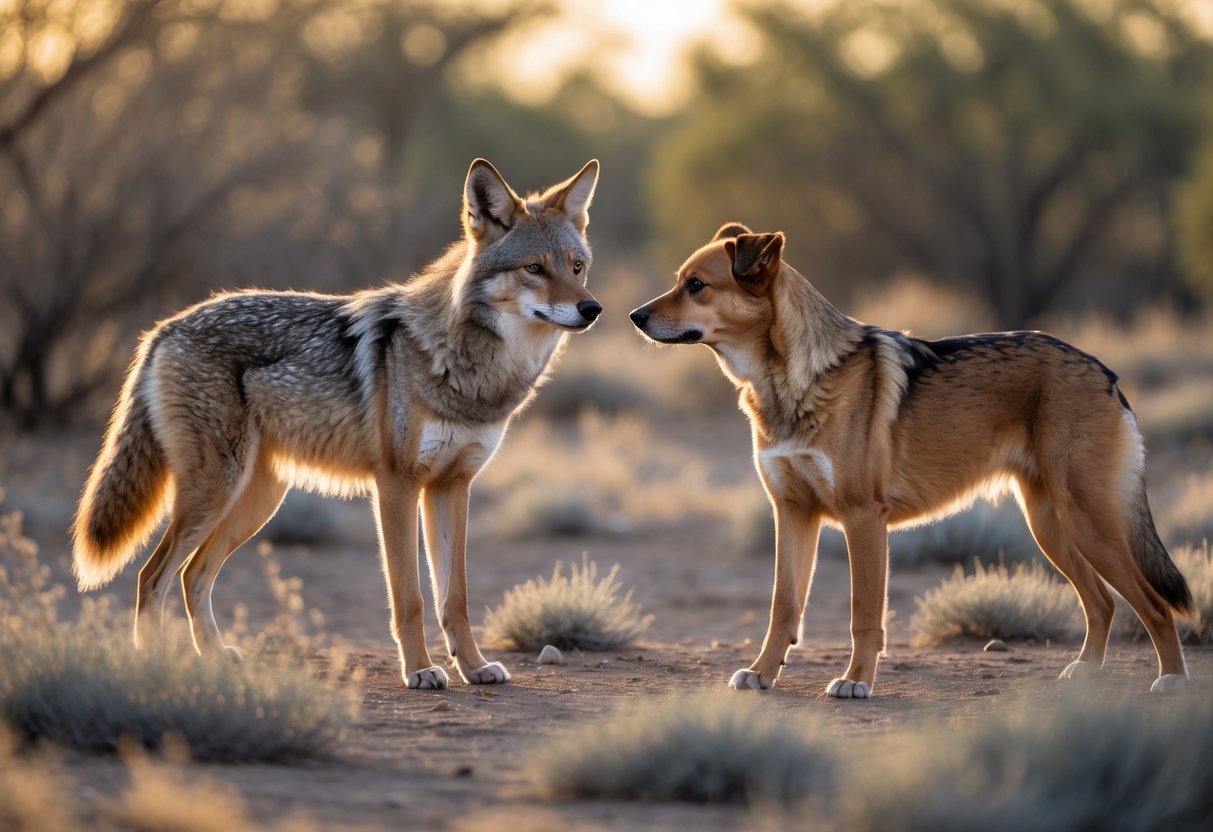 A wild coyote and a domestic dog face each other outdoors in a natural setting.