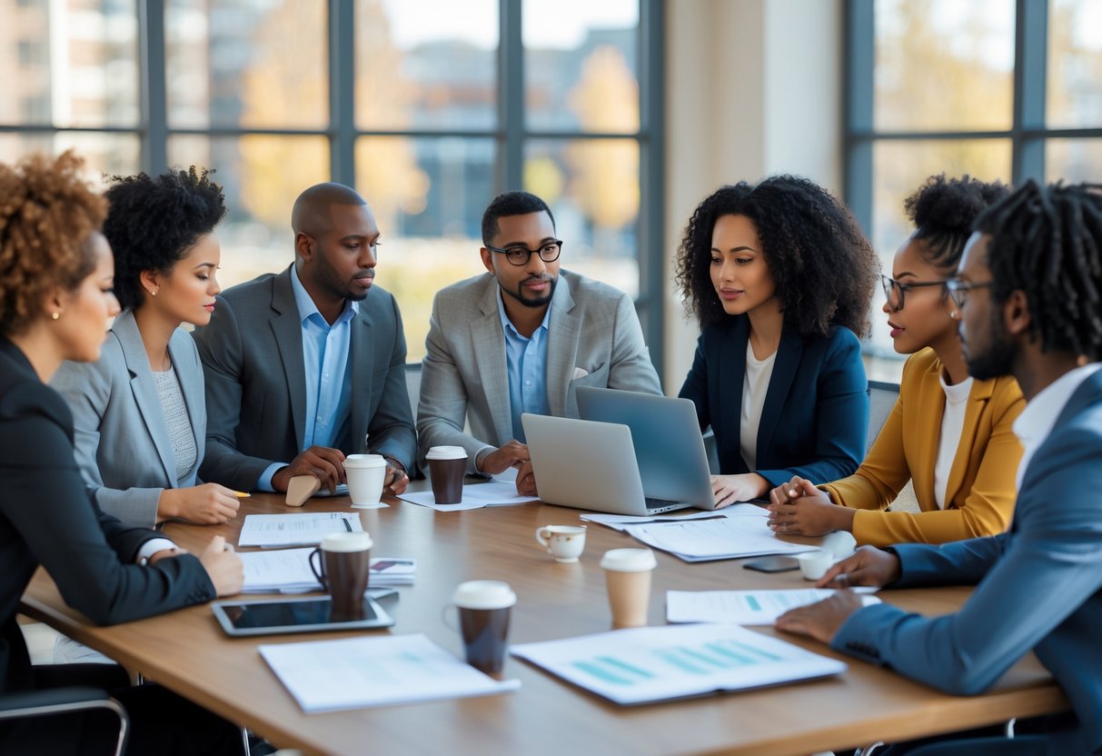 A diverse group of people having a discussion around a conference table in a bright office.