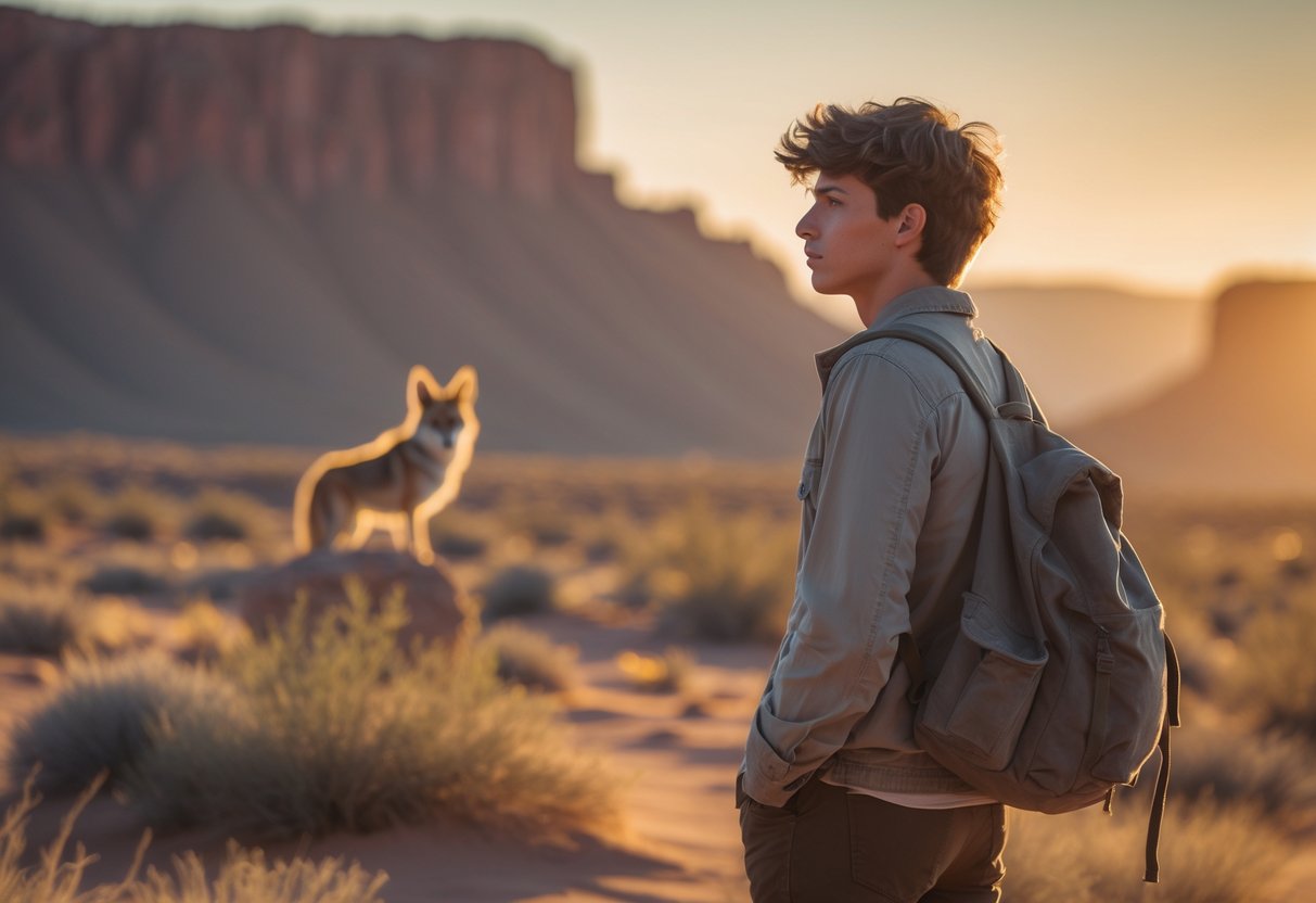 A young person standing thoughtfully at the edge of a desert with a coyote silhouette in the background during sunset.