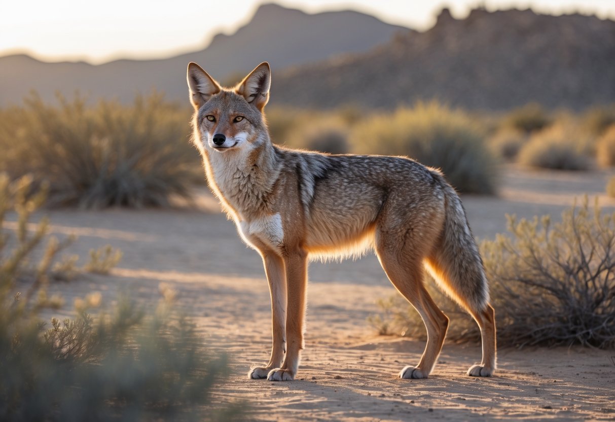 A coyote standing in a desert landscape with dry shrubs and rocky hills in the background.