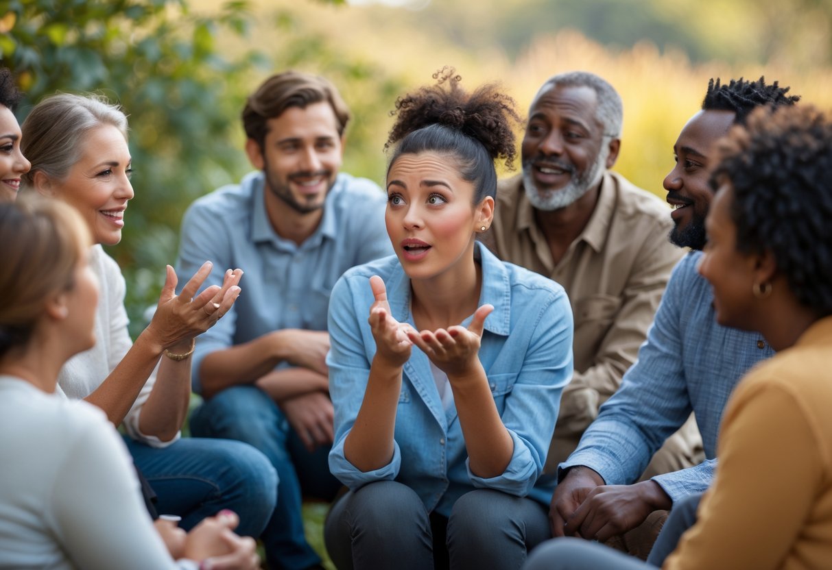 A group of people outdoors having a lively conversation, with a young woman gesturing as if asking a question.