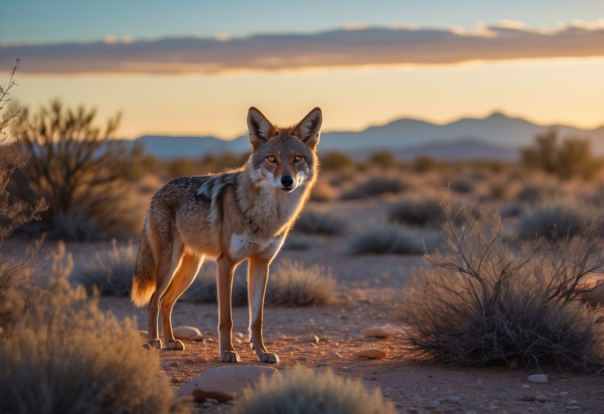 A lone coyote standing in a desert landscape with dry shrubs and mountains in the background during sunset.