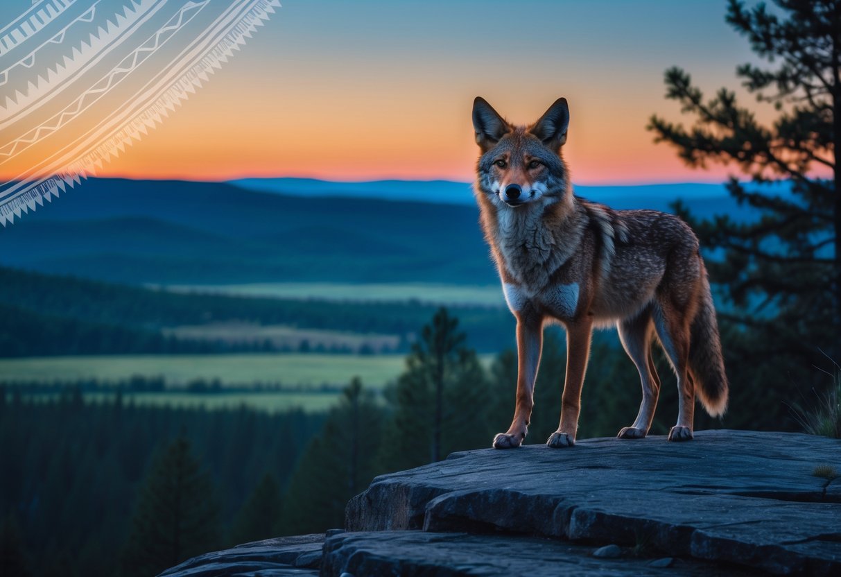 A lone coyote stands on a rocky hill overlooking a valley with forest and plains under a colorful dusk sky.