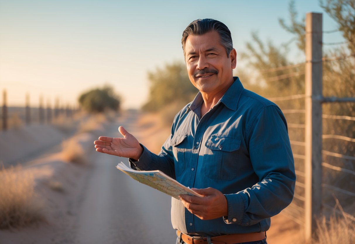 A middle-aged Mexican man standing near a rural border area, holding a map and gesturing as if explaining a route.