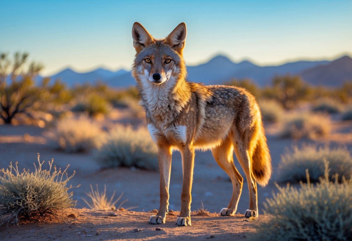 A coyote standing in a desert landscape with shrubs and mountains in the background.