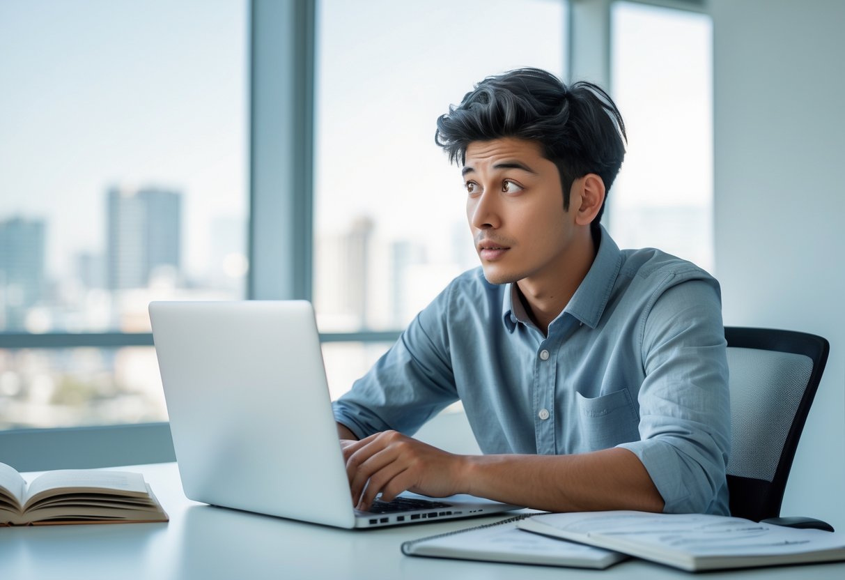 A young adult sitting at a desk in a bright office, looking thoughtfully at a laptop with books and notes nearby.
