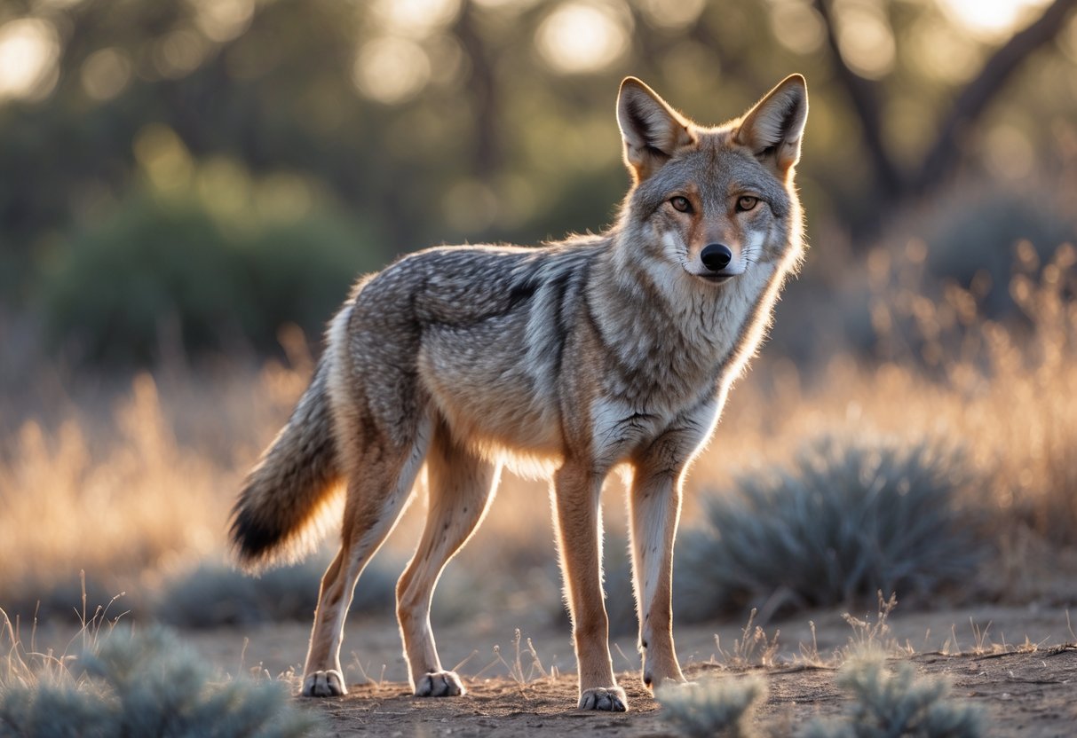 A wild coyote standing alert in a natural outdoor setting with dry grass and trees in the background.