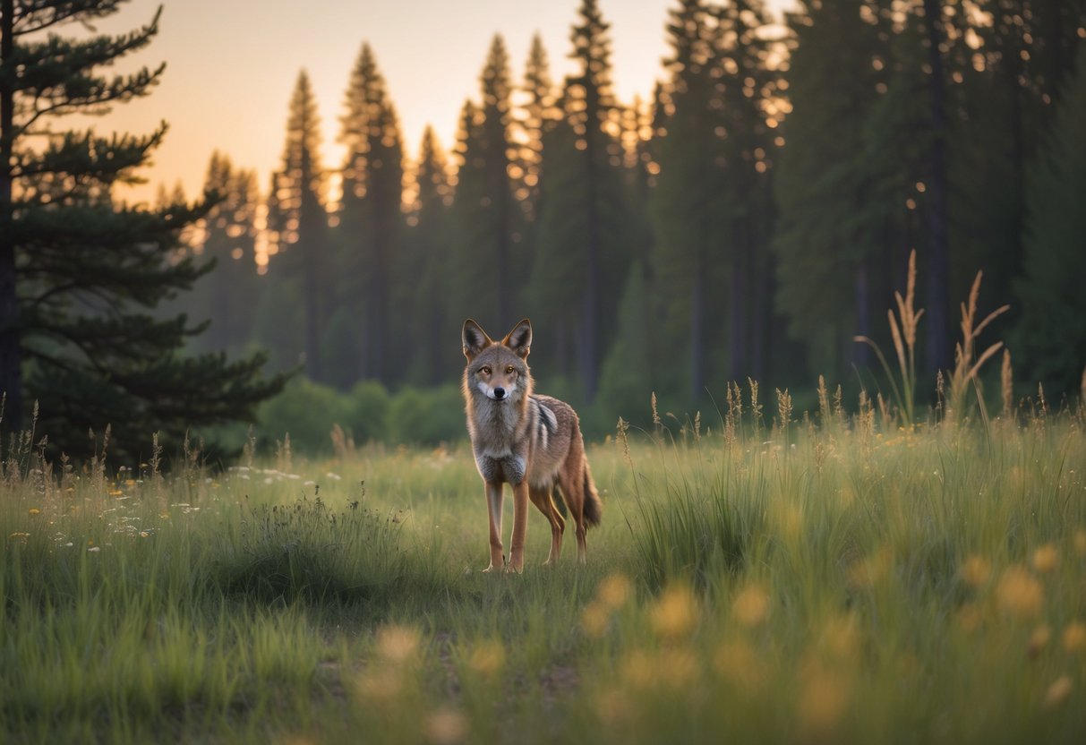 A lone coyote standing alert in a grassy meadow near a forest at sunrise.