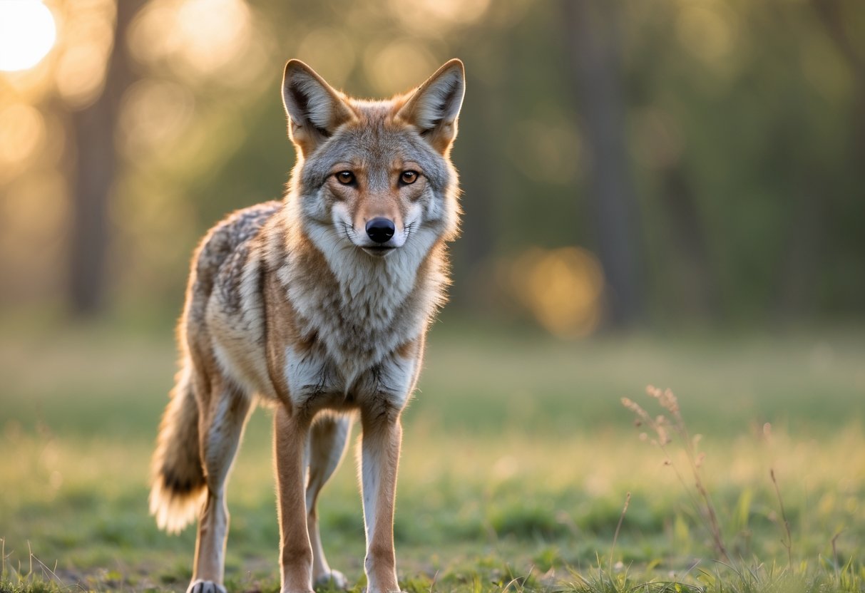 A calm coyote standing in a grassy field with trees and sunlight in the background.