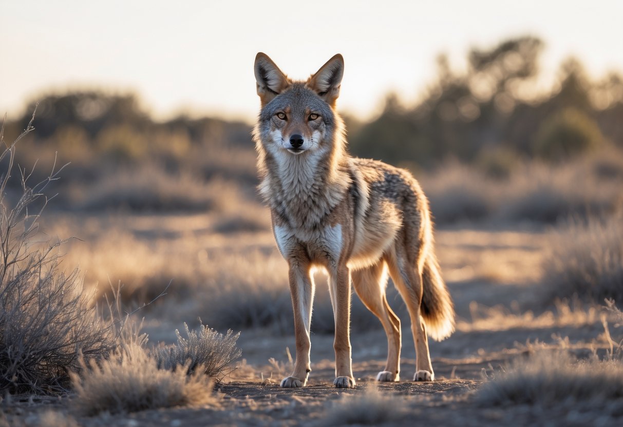 A coyote standing alert in a natural outdoor setting with dry grass and shrubs.