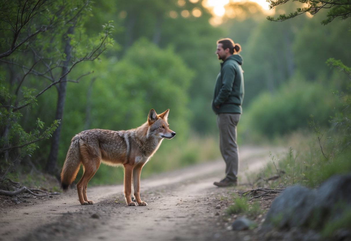 A coyote and a person observe each other from a distance in a forest, showing calm coexistence.