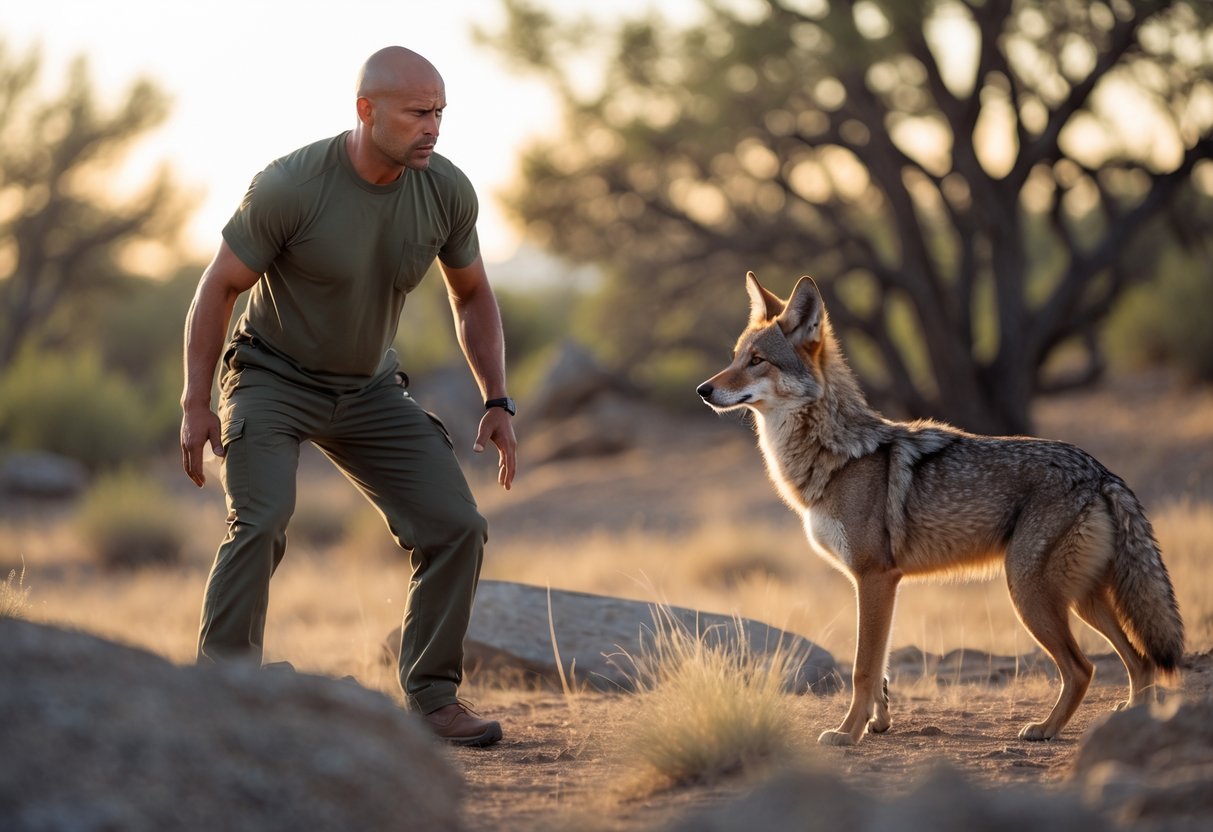An adult human cautiously faces a wild coyote in a natural outdoor setting.