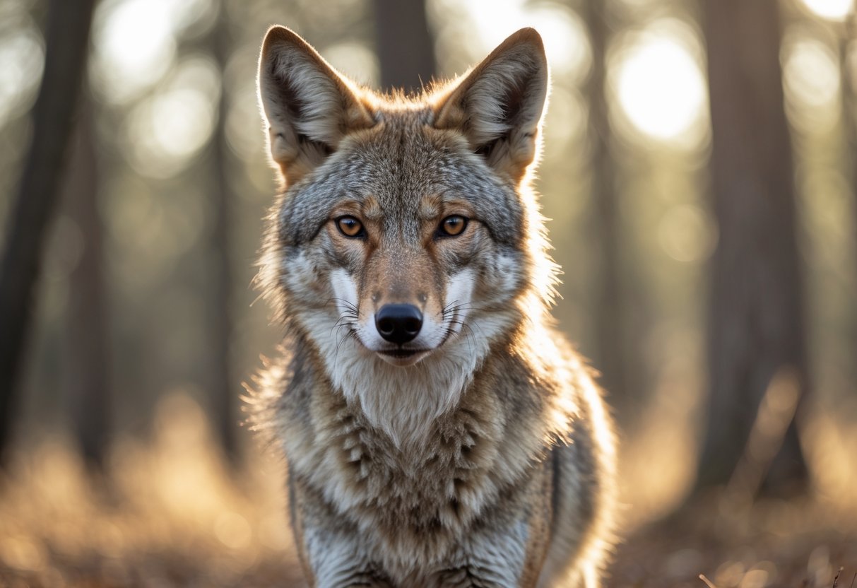 A wild coyote standing in a sunlit forest clearing, looking attentively toward the camera.