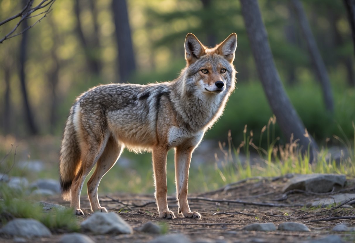 A wild coyote standing alert in a forest clearing, looking directly ahead with ears perked up.