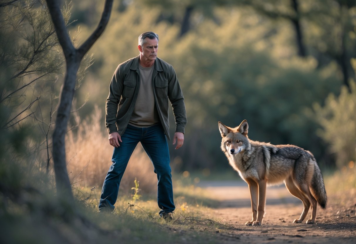An adult person standing alert outdoors near a wild coyote in a natural setting, both looking at each other cautiously.