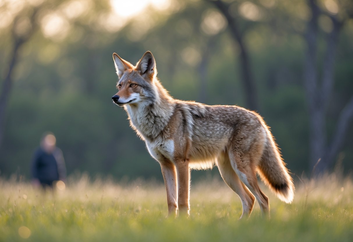 A wild coyote standing alert in a grassy field, looking cautiously towards a distant person in the background.