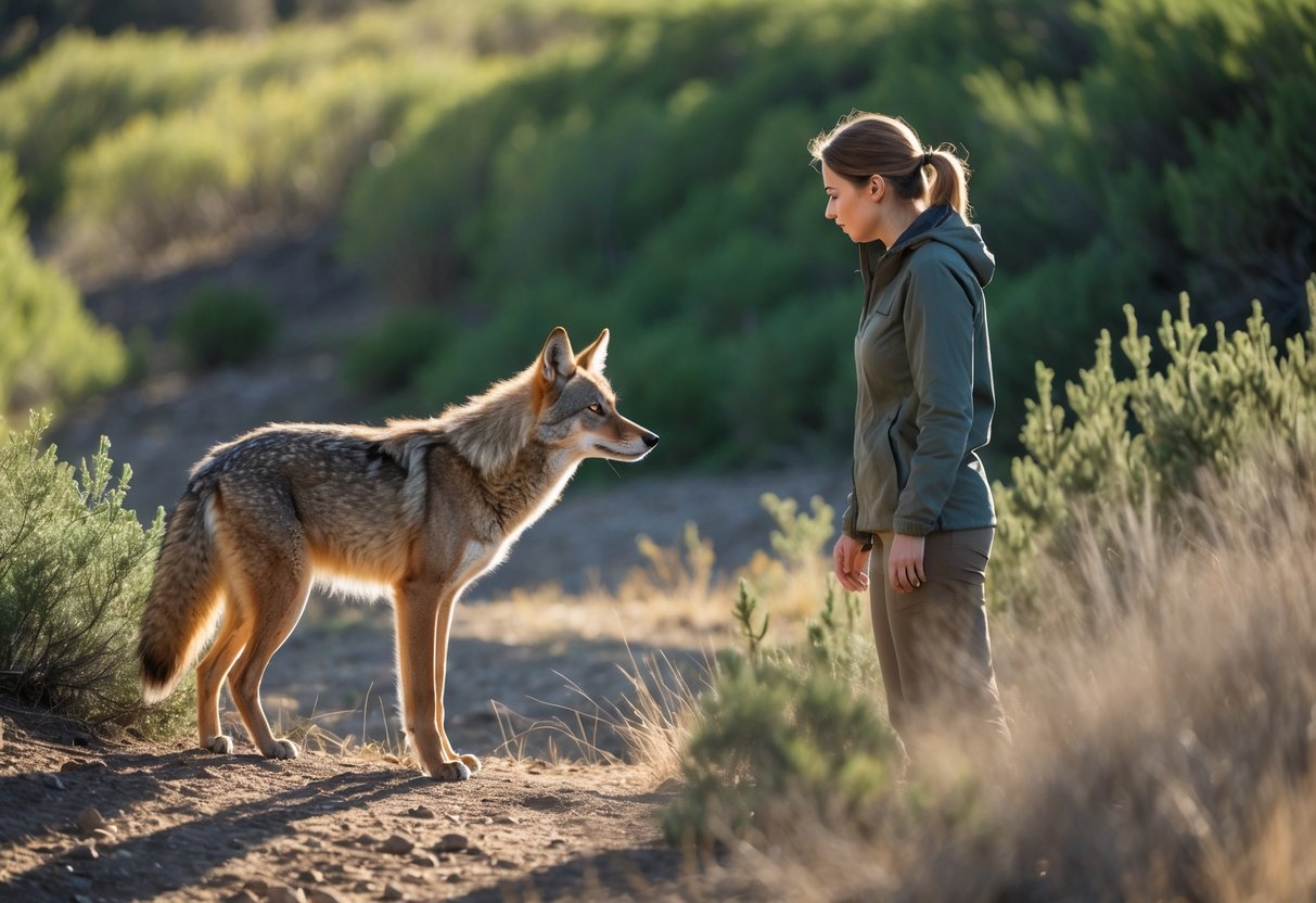 A person calmly observing a coyote from a safe distance in a sunlit forest edge with green shrubs and dry grass.