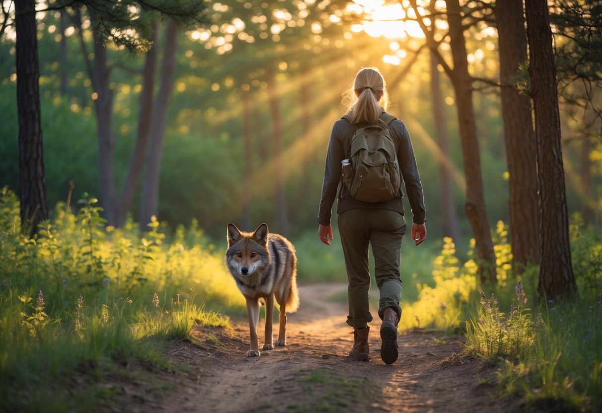 A person walking on a forest trail with a coyote quietly following behind among trees and sunlight.