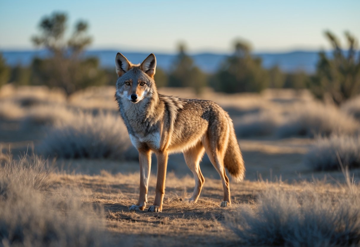 A coyote standing alert in a dry grassy field with shrubs and trees in the background under a clear sky.