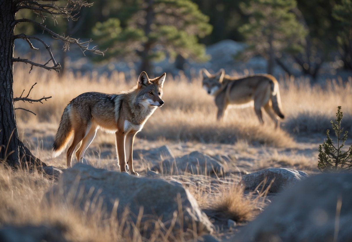 A coyote in a natural wilderness setting with a mountain lion or gray wolf visible nearby in the background.